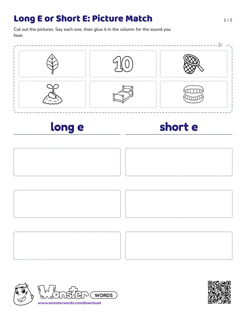 Page 1 of the Long E or Short E: Picture Match worksheet (2 pages): 6 pictures, answer key included