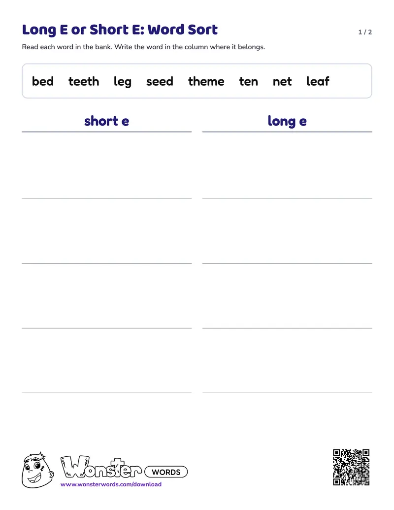 Page 1 of the Long E or Short E: Word Sort worksheet (2 pages): 8 words, answer key included