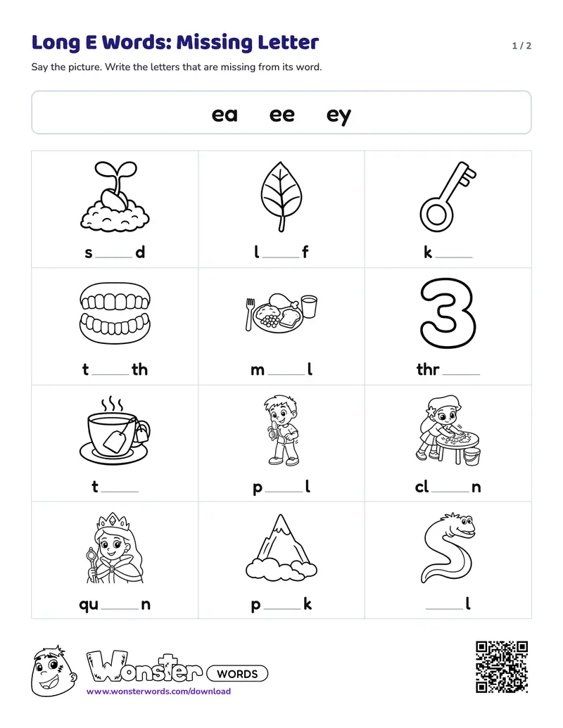 Page 1 of the Long E Words: Missing Letter worksheet (2 pages): 12 pictures, answer key included