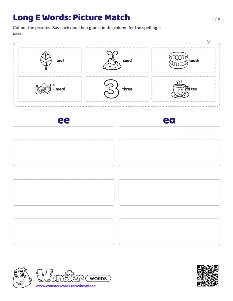 Page 1 of the Long E Words: Picture Match worksheet (4 pages): 12 pictures, answer key included