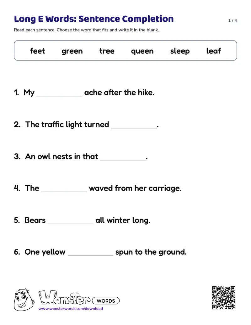 Page 1 of the Long E Words: Sentence Completion worksheet (4 pages): 12 sentences, answer key included