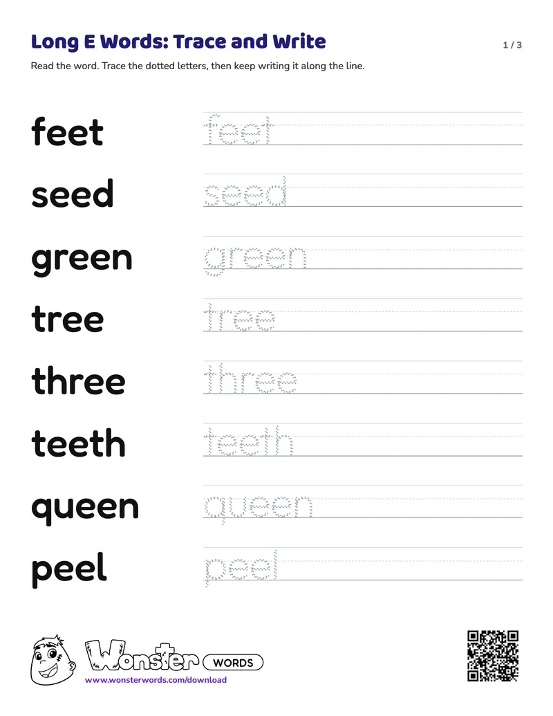 Page 1 of the Long E Words: Trace and Write worksheet (3 pages): 20 words