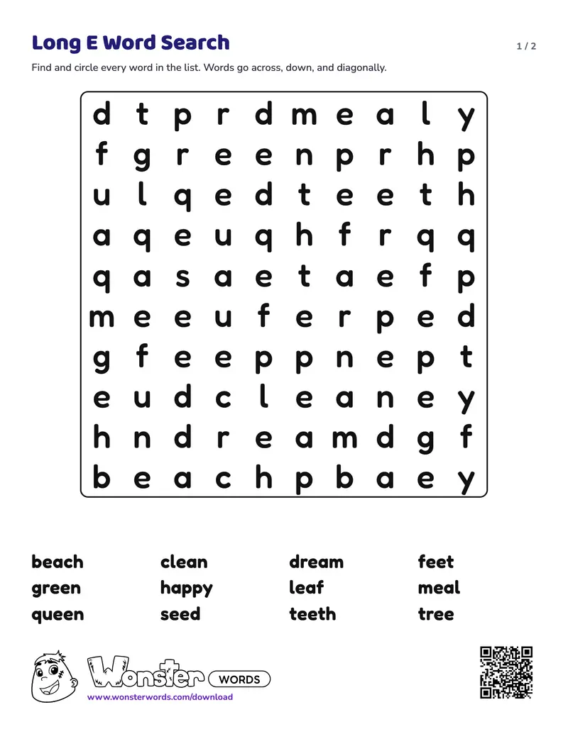 Page 1 of the Long E Word Search worksheet (2 pages): 12 words, answer key included