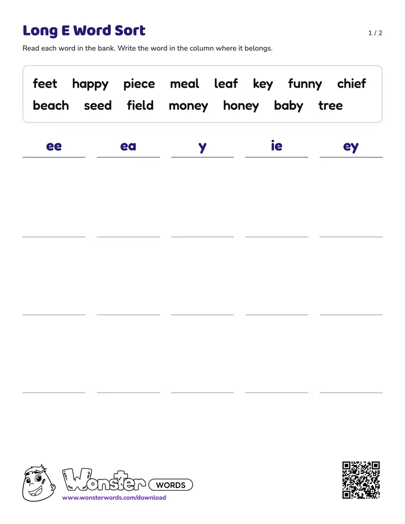 Page 1 of the Long E Word Sort worksheet (2 pages): 15 words, answer key included