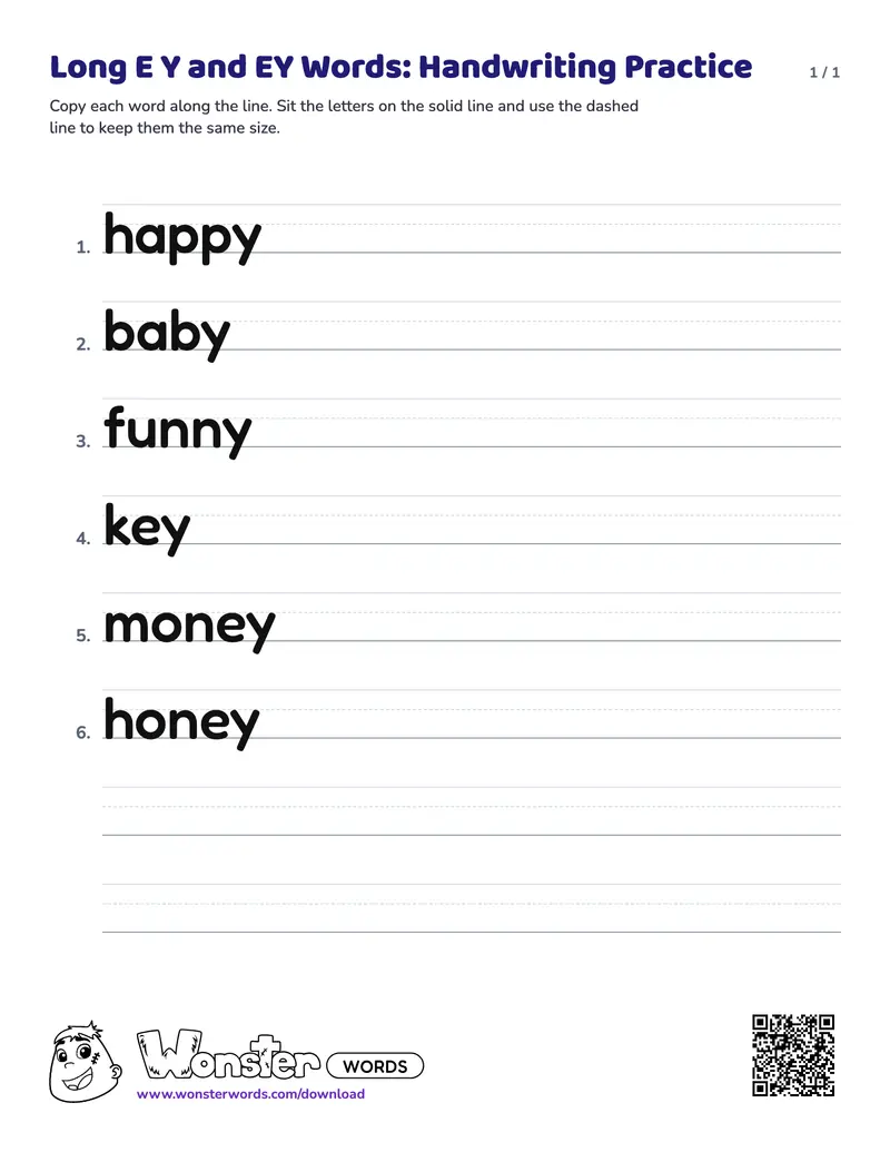 The Long E Y and EY Words: Handwriting Practice worksheet: 6 words