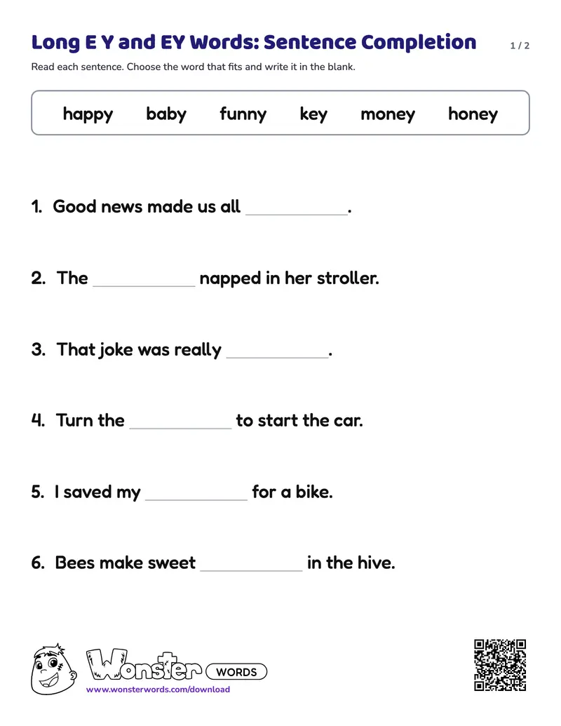 Page 1 of the Long E Y and EY Words: Sentence Completion worksheet (2 pages): 6 sentences, answer key included