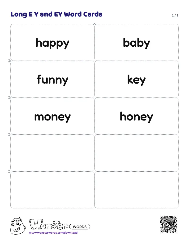 The Long E Y and EY Word Cards worksheet: 6 cards