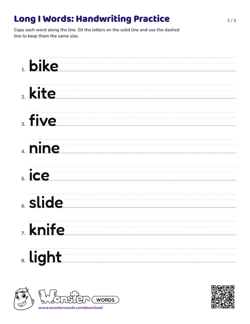 Page 1 of the Long I Words: Handwriting Practice worksheet (3 pages): 20 words