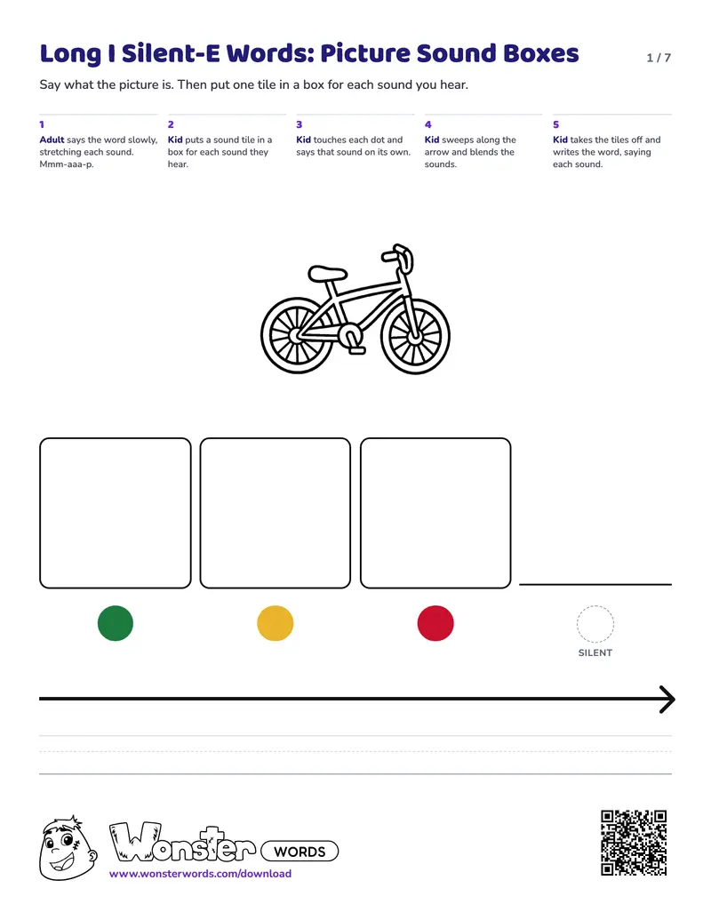 Page 1 of the Long I Silent-E Words: Picture Sound Boxes worksheet (7 pages): 4 picture mats, answer key included