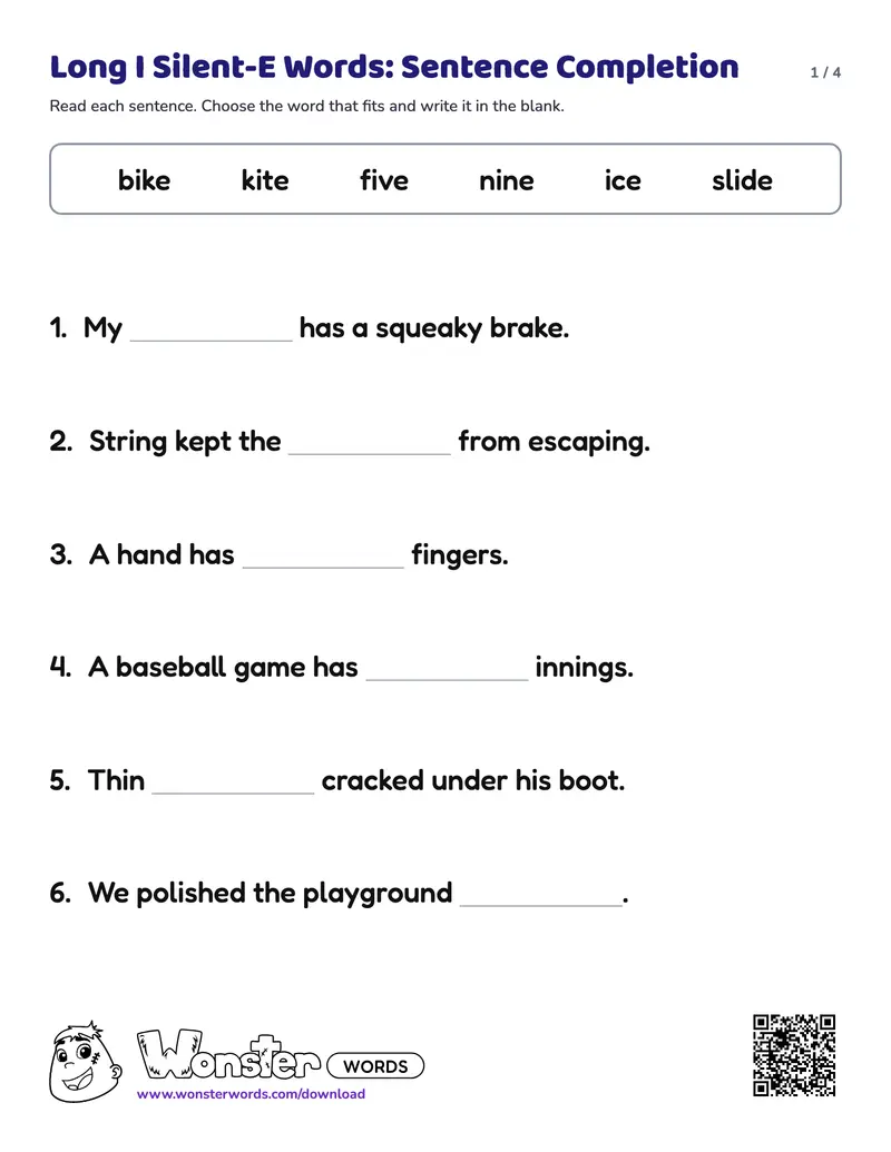 Page 1 of the Long I Silent-E Words: Sentence Completion worksheet (4 pages): 8 sentences, answer key included