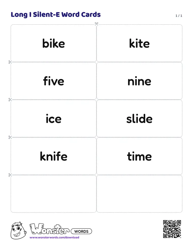 The Long I Silent-E Word Cards worksheet: 8 cards