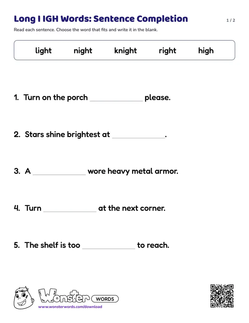 Page 1 of the Long I IGH Words: Sentence Completion worksheet (2 pages): 5 sentences, answer key included