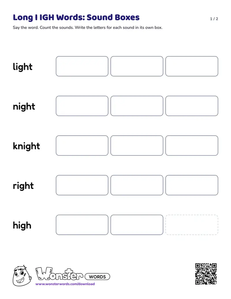 Page 1 of the Long I IGH Words: Sound Boxes worksheet (2 pages): 5 words, answer key included
