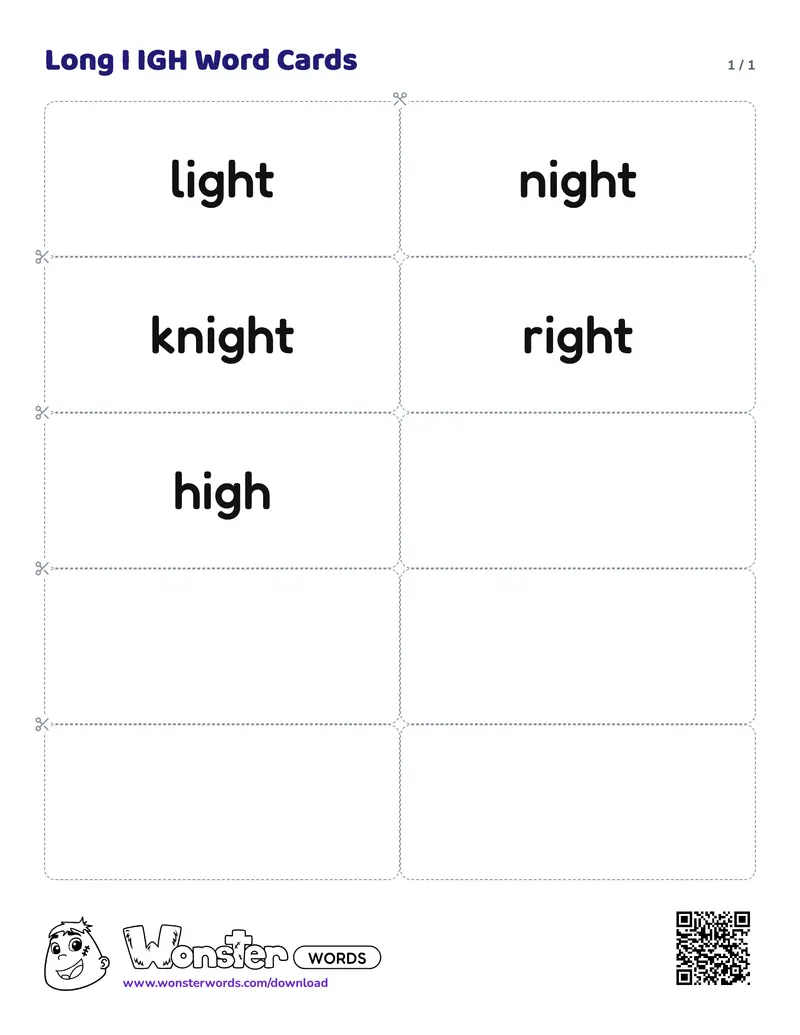 The Long I IGH Word Cards worksheet: 5 cards