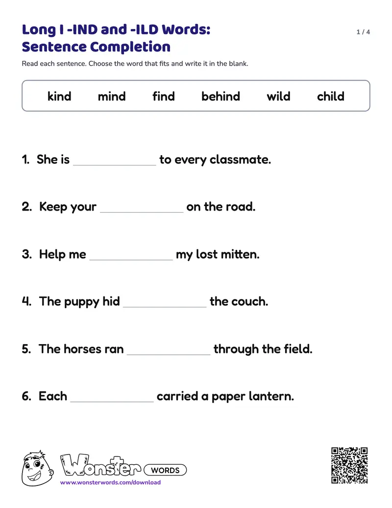 Page 1 of the Long I -IND and -ILD Words: Sentence Completion worksheet (4 pages): 7 sentences, answer key included