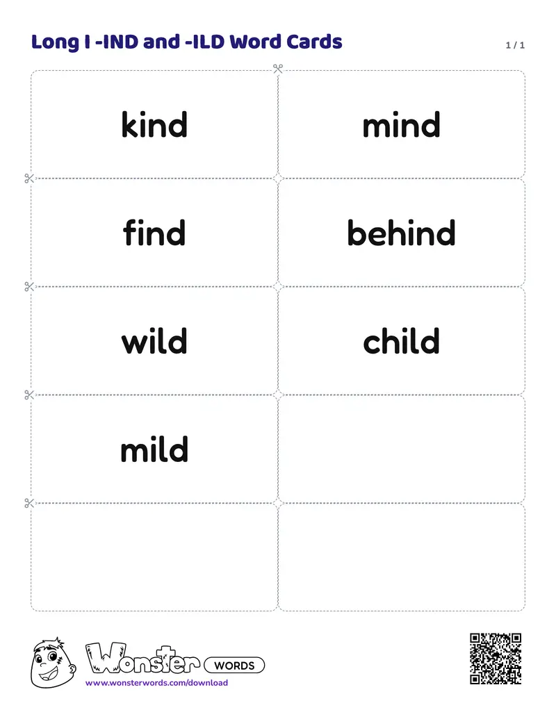 The Long I -IND and -ILD Word Cards worksheet: 7 cards