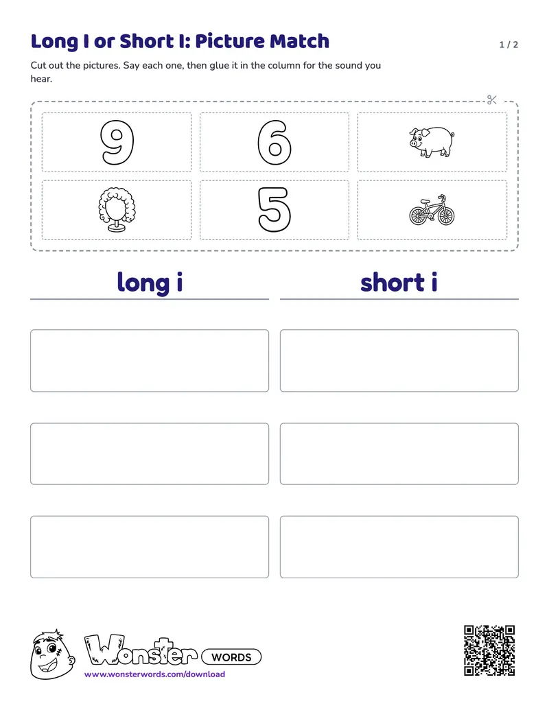 Page 1 of the Long I or Short I: Picture Match worksheet (2 pages): 6 pictures, answer key included