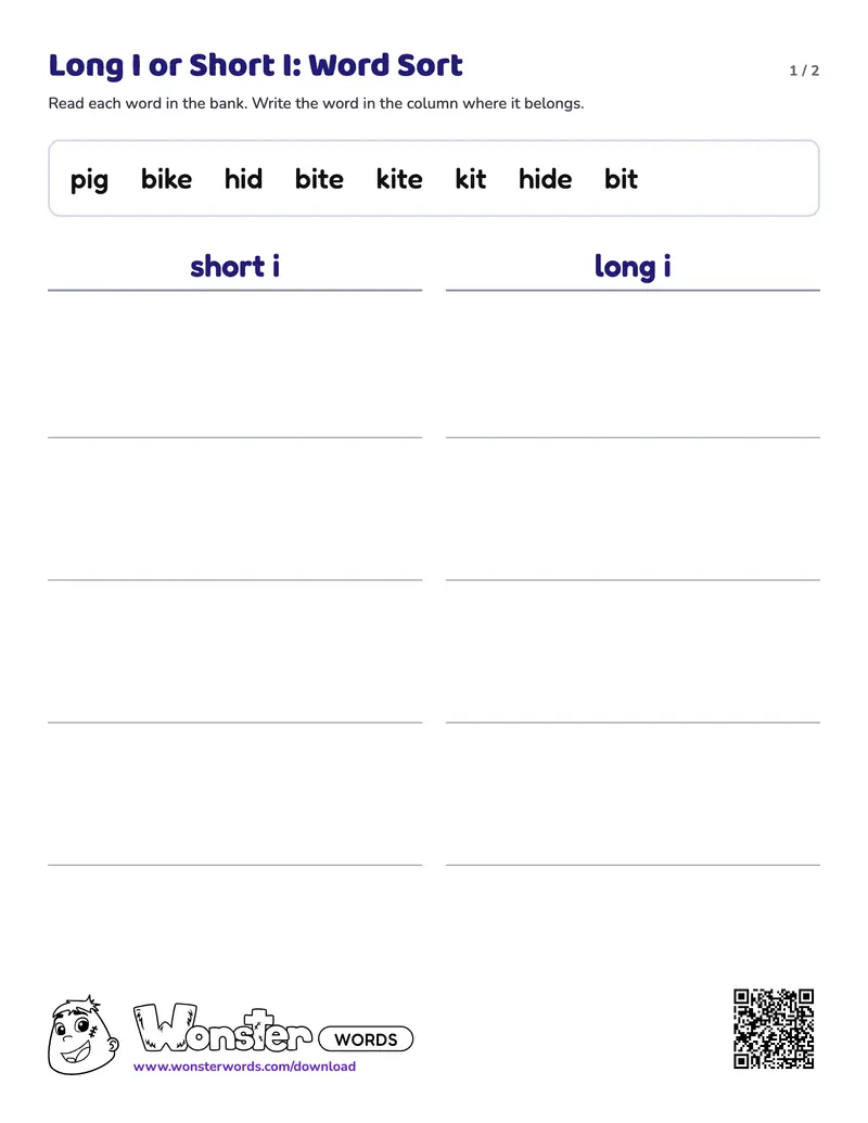 Page 1 of the Long I or Short I: Word Sort worksheet (2 pages): 8 words, answer key included