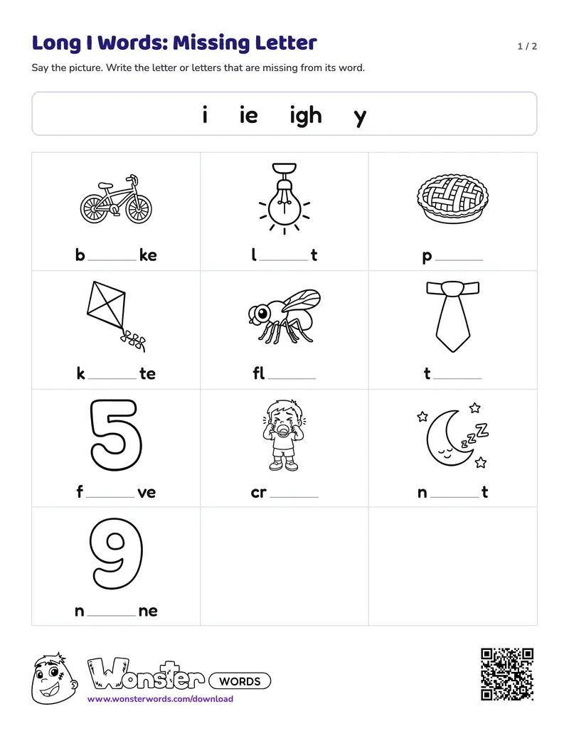 Page 1 of the Long I Words: Missing Letter worksheet (2 pages): 10 pictures, answer key included