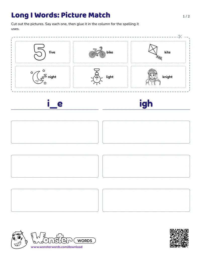 Page 1 of the Long I Words: Picture Match worksheet (2 pages): 6 pictures, answer key included