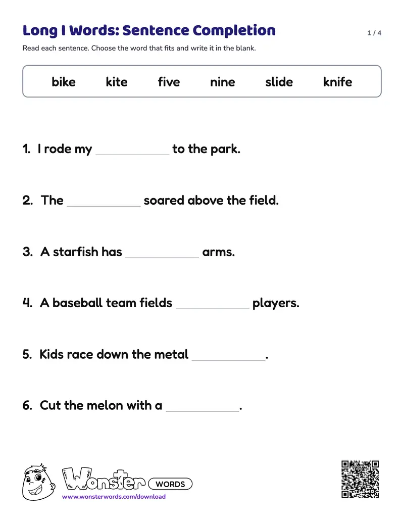 Page 1 of the Long I Words: Sentence Completion worksheet (4 pages): 12 sentences, answer key included