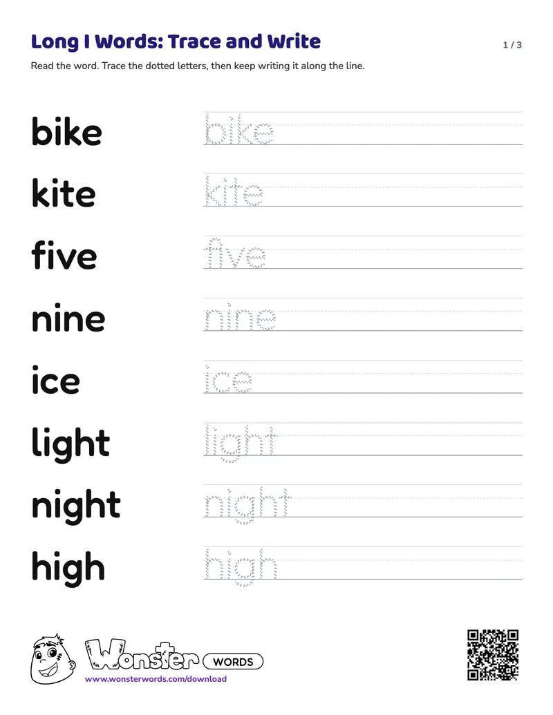 Page 1 of the Long I Words: Trace and Write worksheet (3 pages): 20 words
