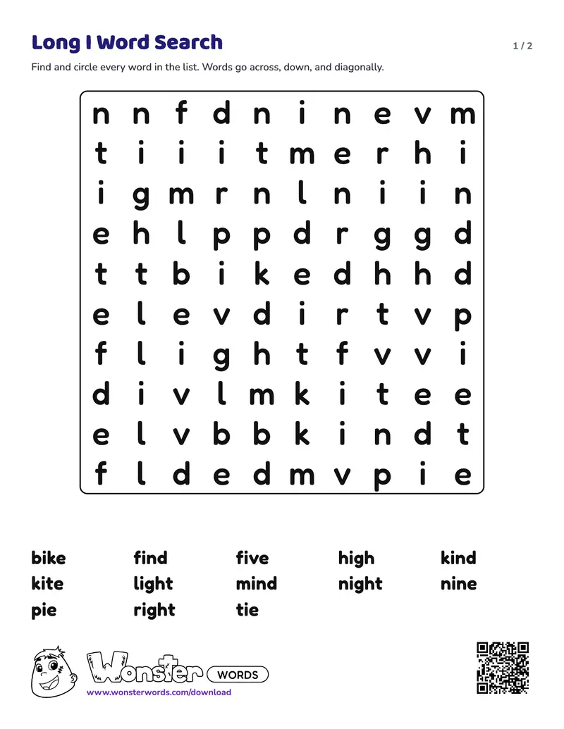 Page 1 of the Long I Word Search worksheet (2 pages): 13 words, answer key included