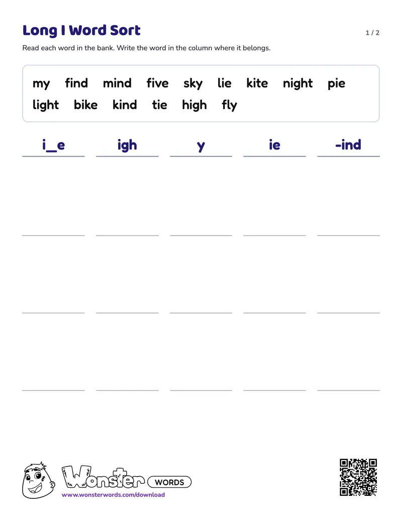 Page 1 of the Long I Word Sort worksheet (2 pages): 15 words, answer key included