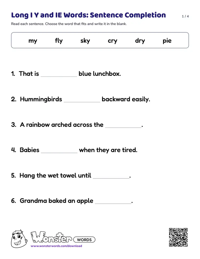 Page 1 of the Long I Y and IE Words: Sentence Completion worksheet (4 pages): 8 sentences, answer key included