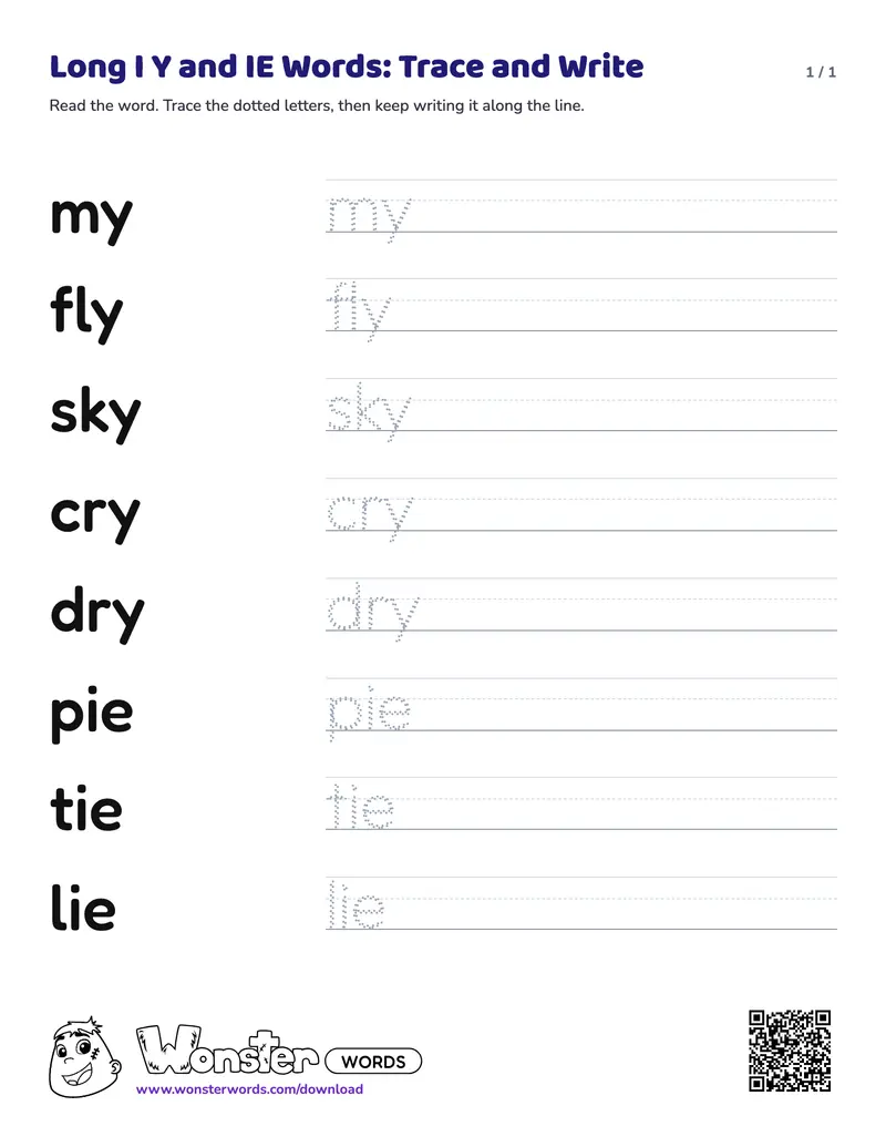 The Long I Y and IE Words: Trace and Write worksheet: 8 words