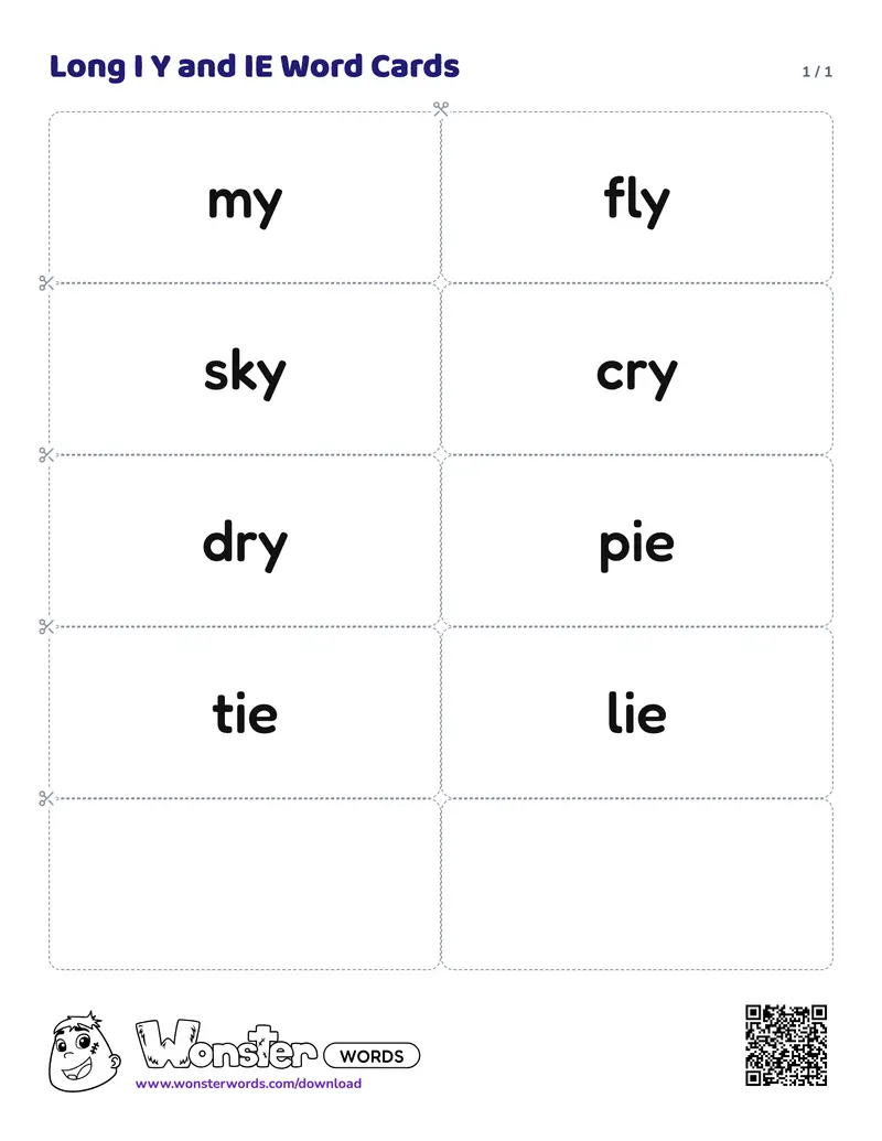 The Long I Y and IE Word Cards worksheet: 8 cards
