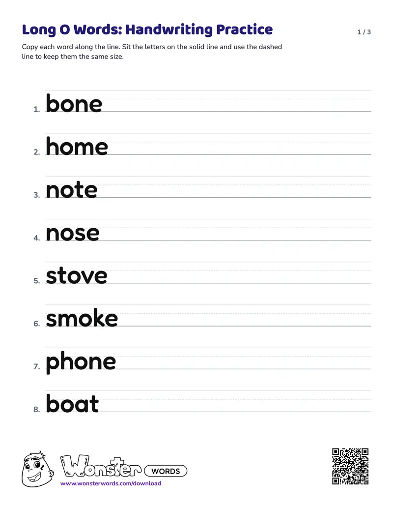 Page 1 of the Long O Words: Handwriting Practice worksheet (3 pages): 20 words