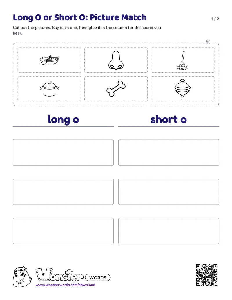 Page 1 of the Long O or Short O: Picture Match worksheet (2 pages): 6 pictures, answer key included