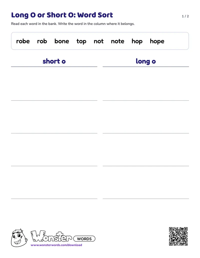 Page 1 of the Long O or Short O: Word Sort worksheet (2 pages): 8 words, answer key included