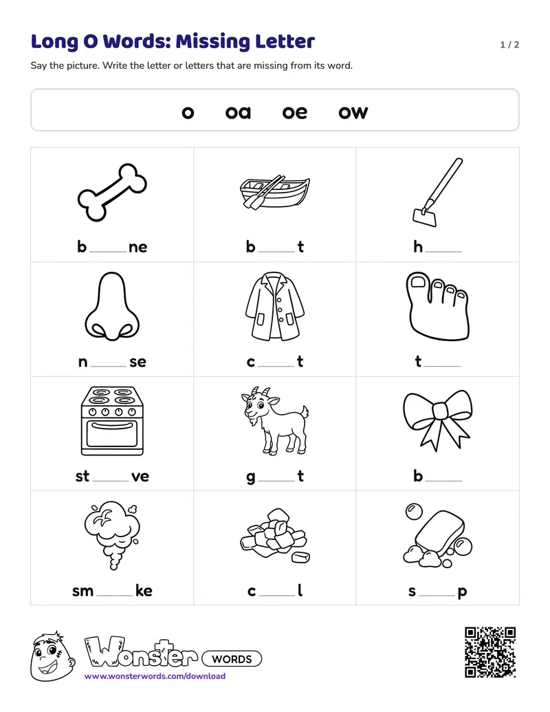 Page 1 of the Long O Words: Missing Letter worksheet (2 pages): 12 pictures, answer key included