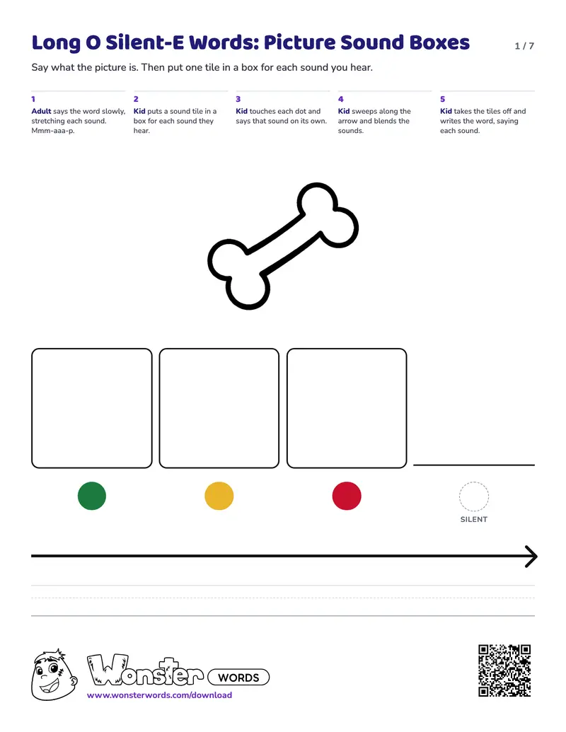 Page 1 of the Long O Silent-E Words: Picture Sound Boxes worksheet (7 pages): 4 picture mats, answer key included