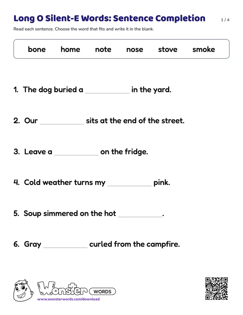 Page 1 of the Long O Silent-E Words: Sentence Completion worksheet (4 pages): 7 sentences, answer key included