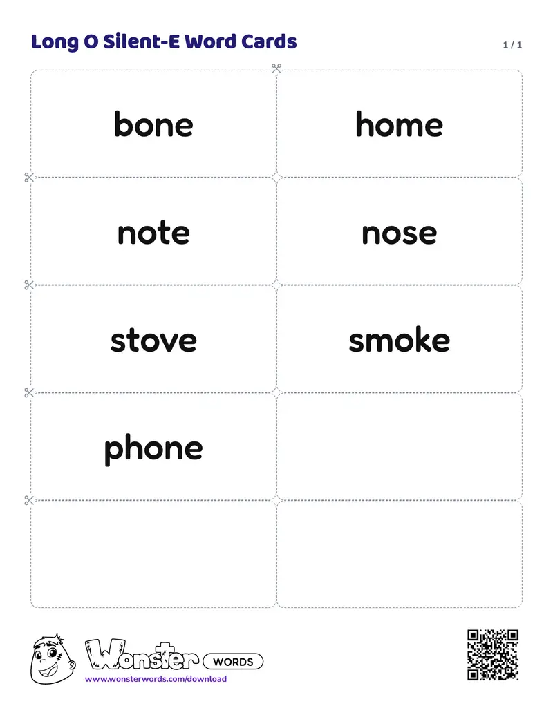 The Long O Silent-E Word Cards worksheet: 7 cards