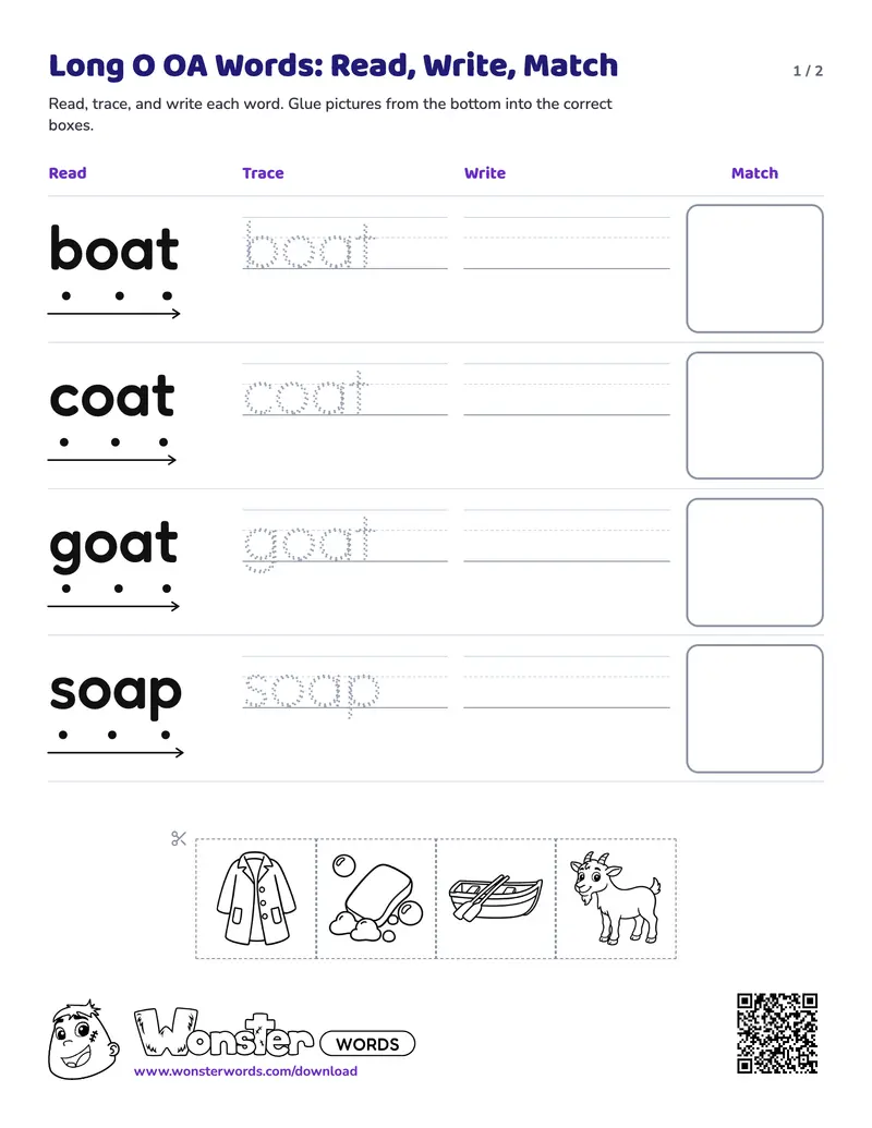 Page 1 of the Long O OA Words: Read, Write, Match worksheet (2 pages): 4 words, answer key included
