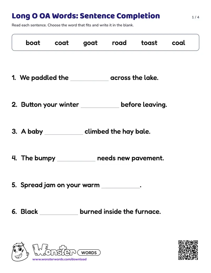 Page 1 of the Long O OA Words: Sentence Completion worksheet (4 pages): 7 sentences, answer key included