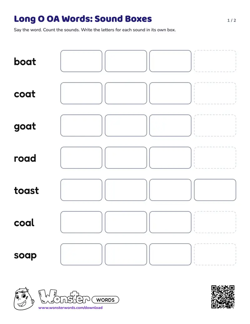 Page 1 of the Long O OA Words: Sound Boxes worksheet (2 pages): 7 words, answer key included