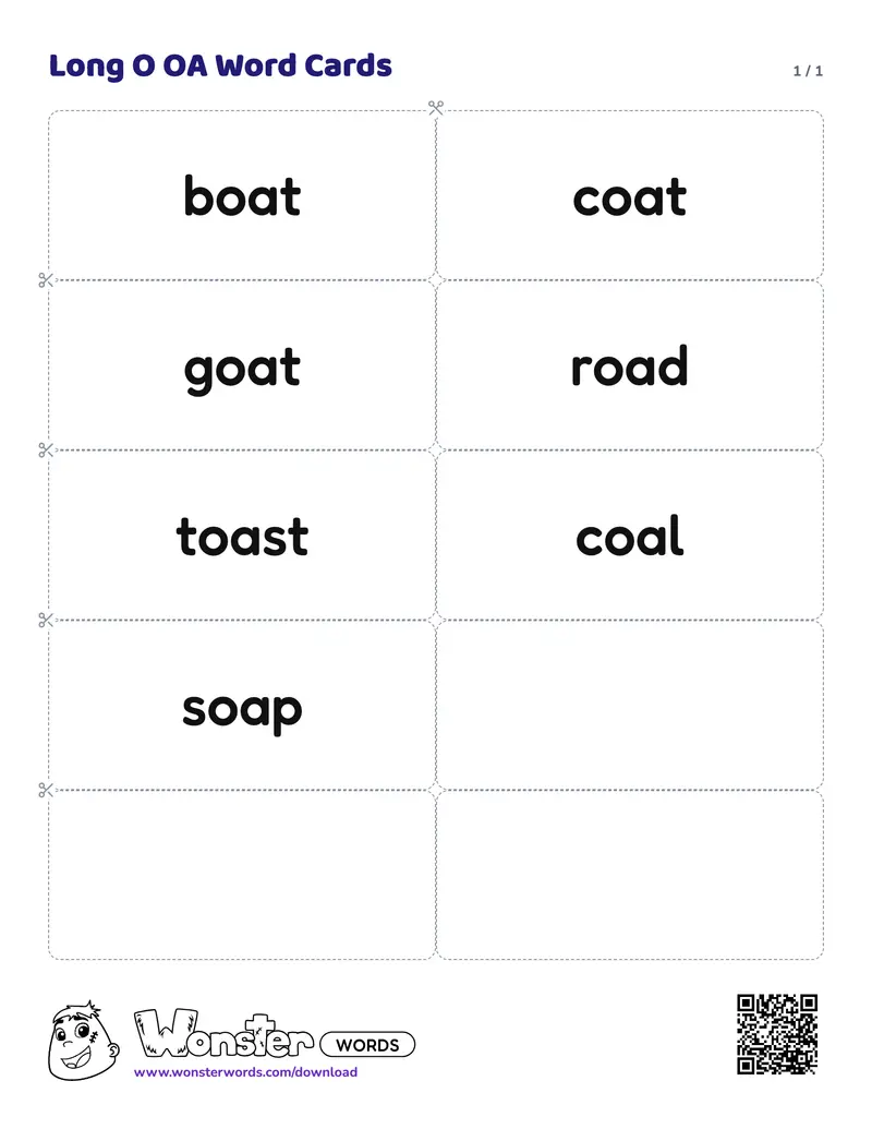 The Long O OA Word Cards worksheet: 7 cards