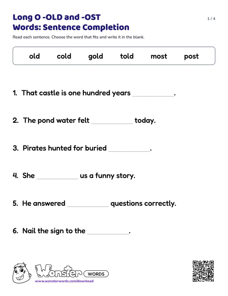 Page 1 of the Long O -OLD and -OST Words: Sentence Completion worksheet (4 pages): 7 sentences, answer key included