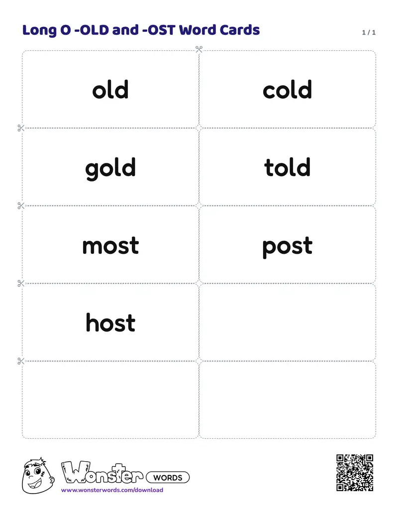 The Long O -OLD and -OST Word Cards worksheet: 7 cards