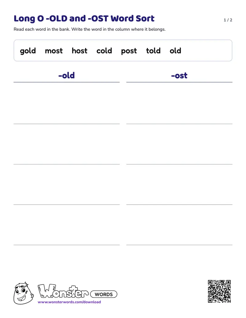 Page 1 of the Long O -OLD and -OST Word Sort worksheet (2 pages): 7 words, answer key included