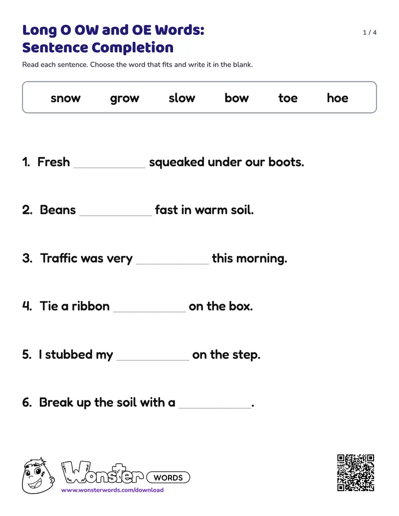 Page 1 of the Long O OW and OE Words: Sentence Completion worksheet (4 pages): 7 sentences, answer key included