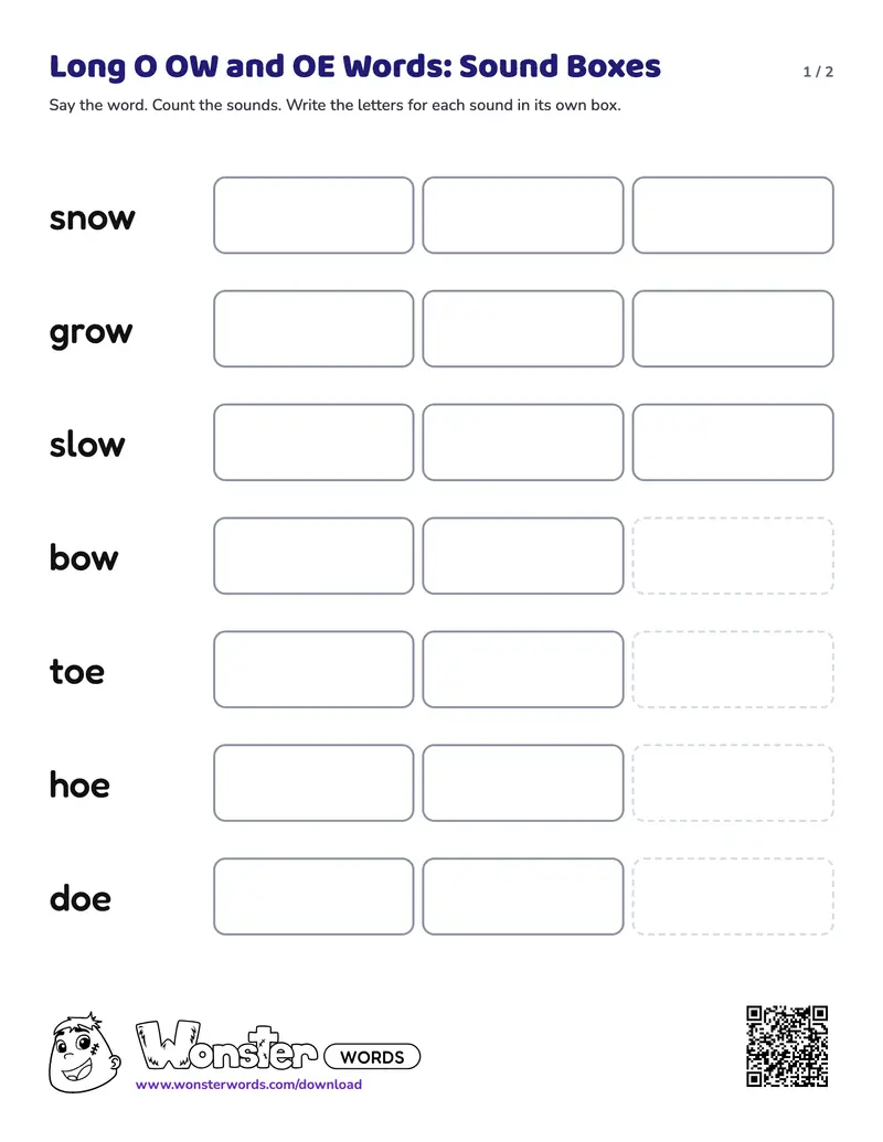 Page 1 of the Long O OW and OE Words: Sound Boxes worksheet (2 pages): 7 words, answer key included