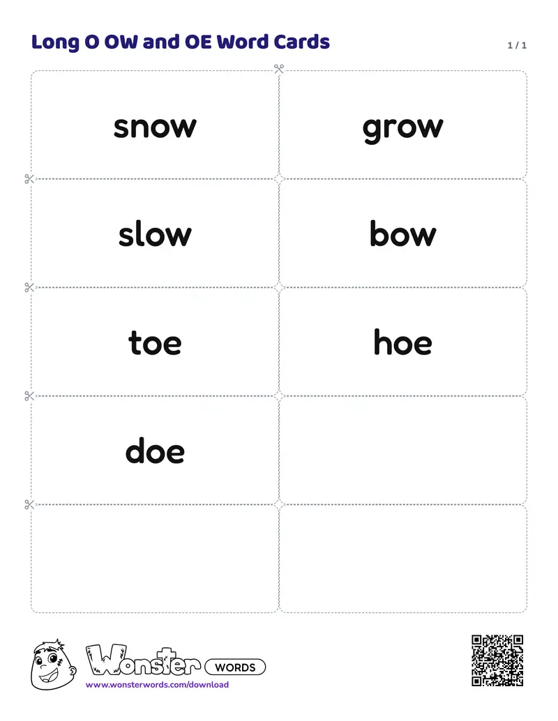 The Long O OW and OE Word Cards worksheet: 7 cards