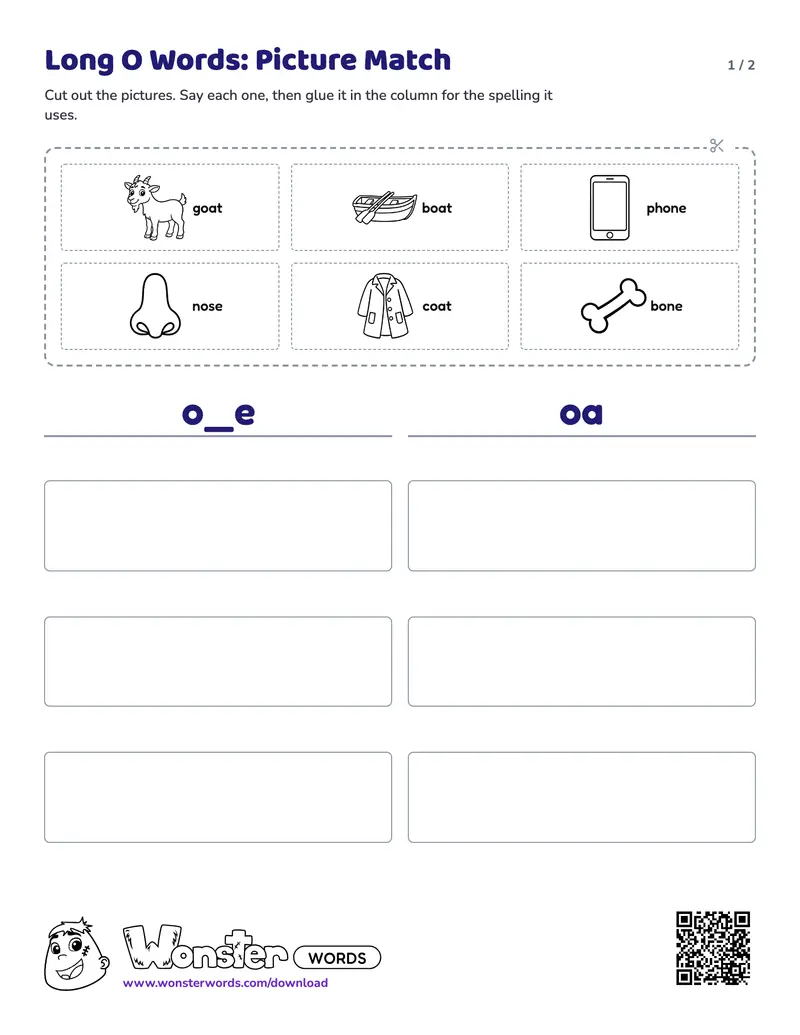 Page 1 of the Long O Words: Picture Match worksheet (2 pages): 6 pictures, answer key included