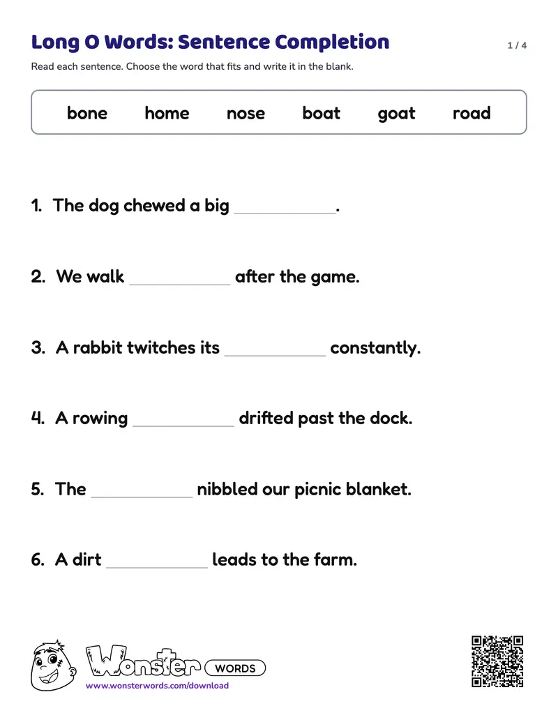 Page 1 of the Long O Words: Sentence Completion worksheet (4 pages): 12 sentences, answer key included